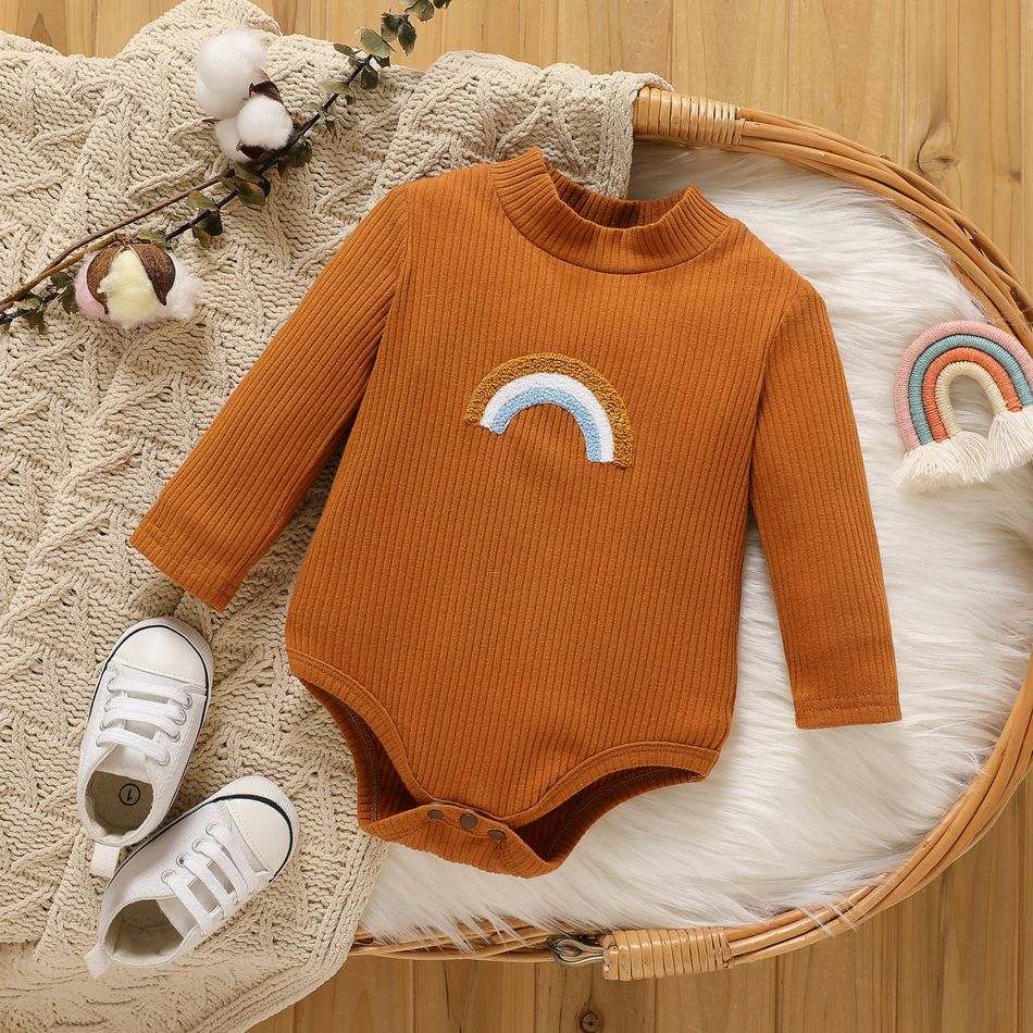 Baby Boy/Girl Rainbow Embroidered Rib Knit Mock Neck Long-sleeve Romper Brown big image 1