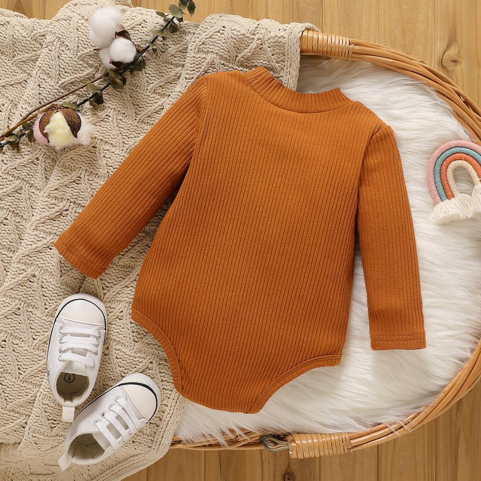 Baby Boy/Girl Rainbow Embroidered Rib Knit Mock Neck Long-sleeve Romper Brown big image 3