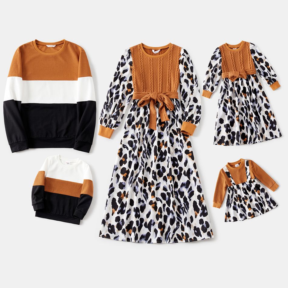 Family Matching Leopard Print Spliced Cable Knit Belted Midi Dresses and Long-sleeve Colorblock Sweatshirts Sets Khaki
