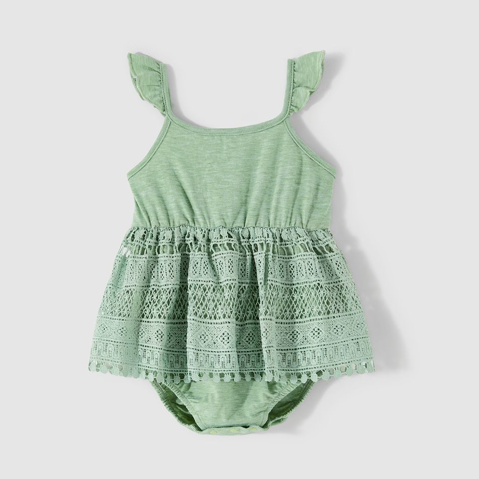Family Matching Button Front Green Lace Spliced Cami Dresses and Colorblock Short-sleeve T-shirts Sets Green big image 8