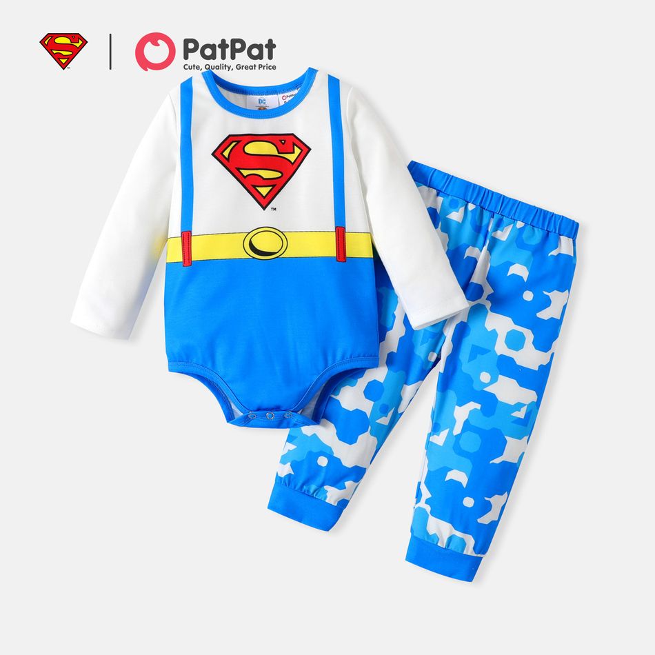 Justice League 2pcs Baby Boy Long-sleeve Graphic Romper and Camouflage Pants Set BLUEWHITE