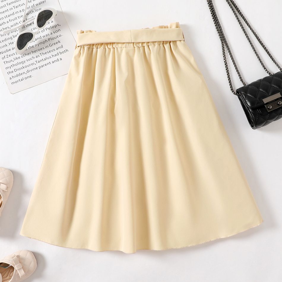 Kid Girl Button Design Solid Color Belted Elasticized Skirt Khaki big image 2
