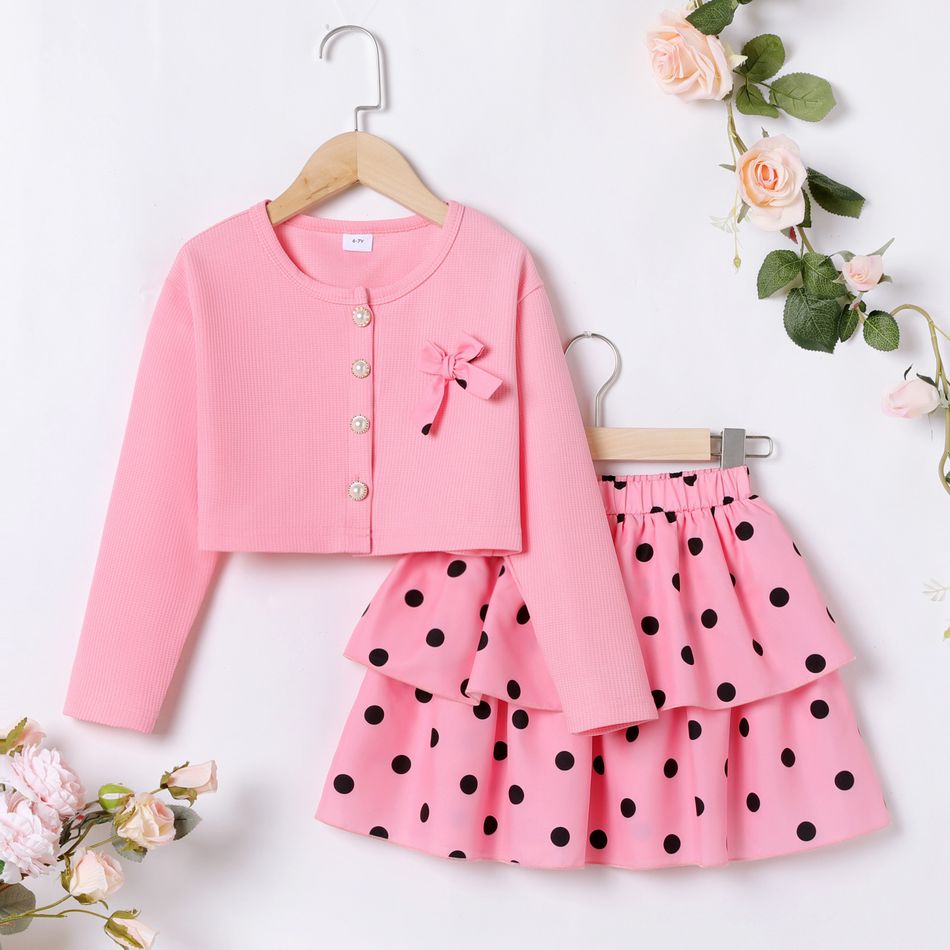 2pcs Kid Girl Bowknot Button Design Long-sleeve Pink Tee and Polka dots Layered Skirt Set Pink