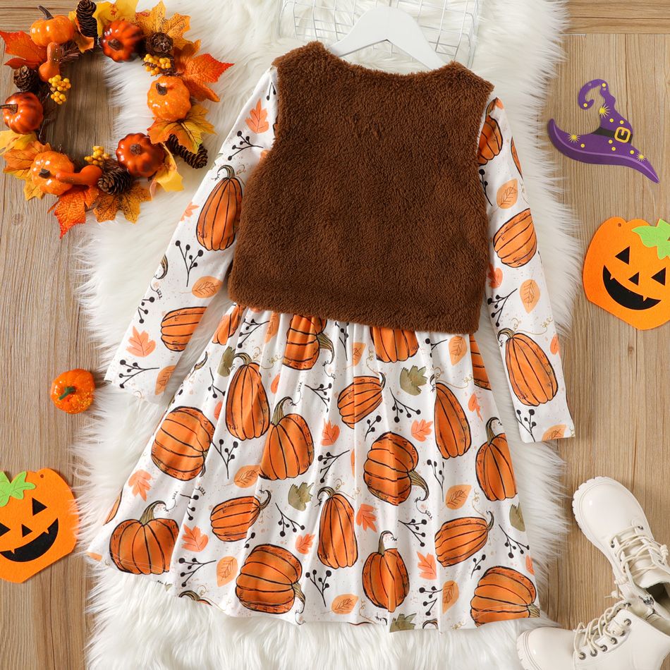 2pcs Kid Girl Halloween Pumpkin Print Long-sleeve Tee and Fleece Vest Set Brown big image 2