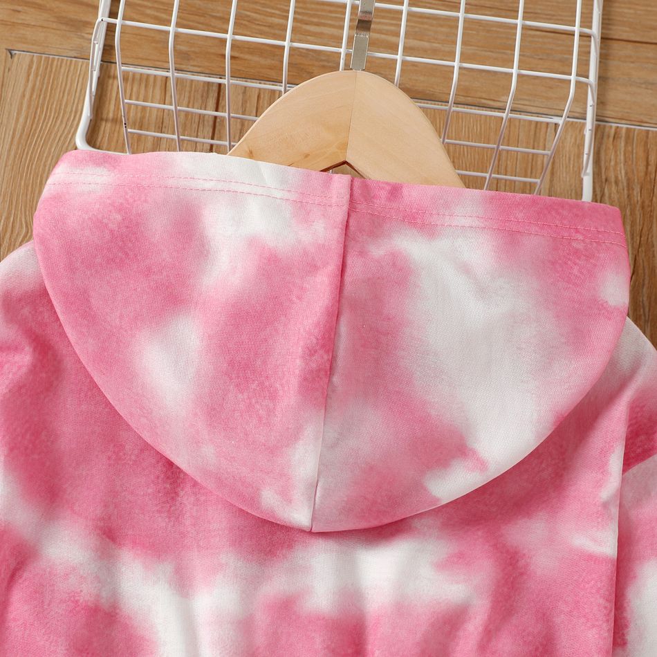 Kid Girl Tie Dyed Waisted Long-sleeve Pink Hooded Sweatshirt Dress Pink big image 3
