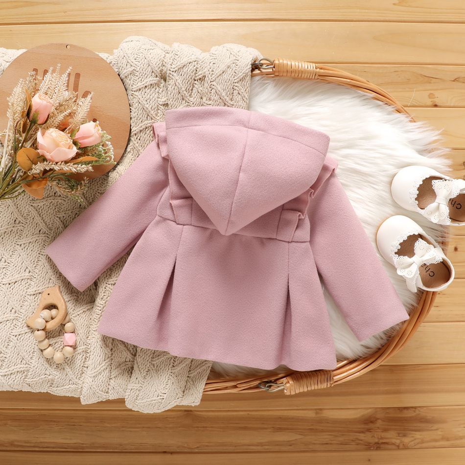 Baby Girl Pink Ruffle Trim Single Breasted Hooded Long-sleeve Coat Pink big image 2