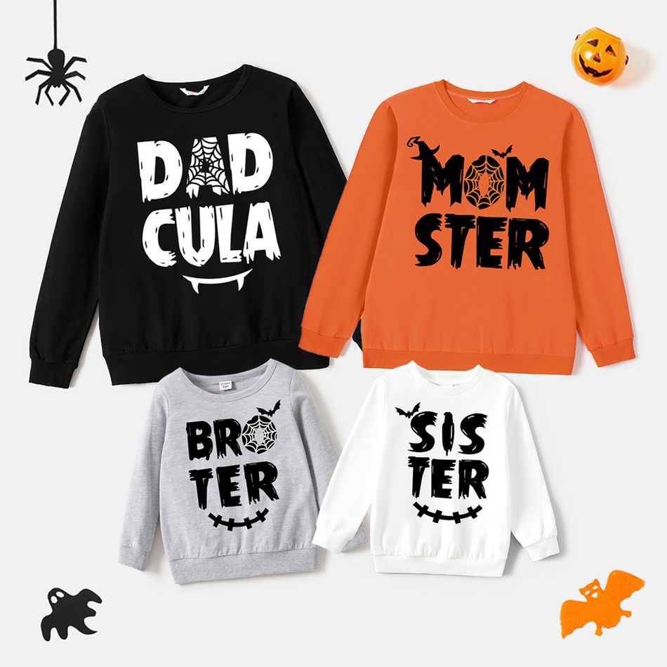 Halloween Spider Web & Letter Print 100% Cotton Long-sleeve Family Matching Sweatshirts Color block