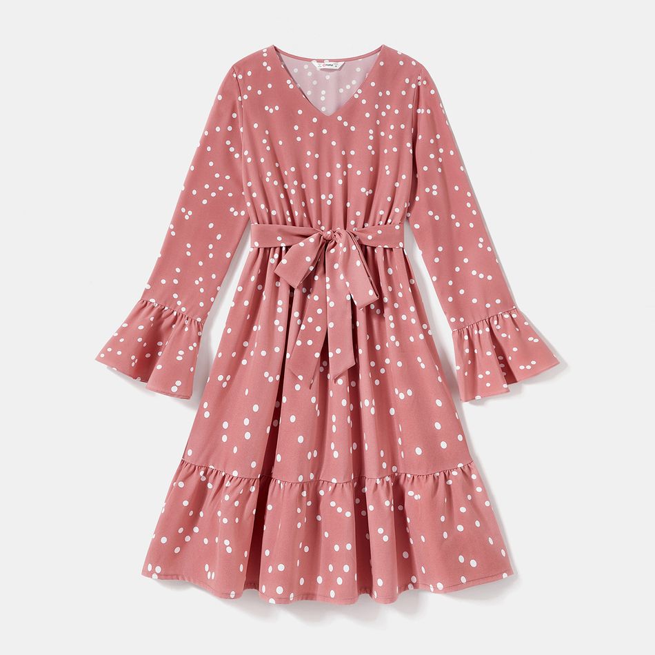 Family Matching Polka Dot Print V Neck Belted Ruffle Hem Bell Sleeve Dresses and Plaid Shirts Sets Pink big image 2