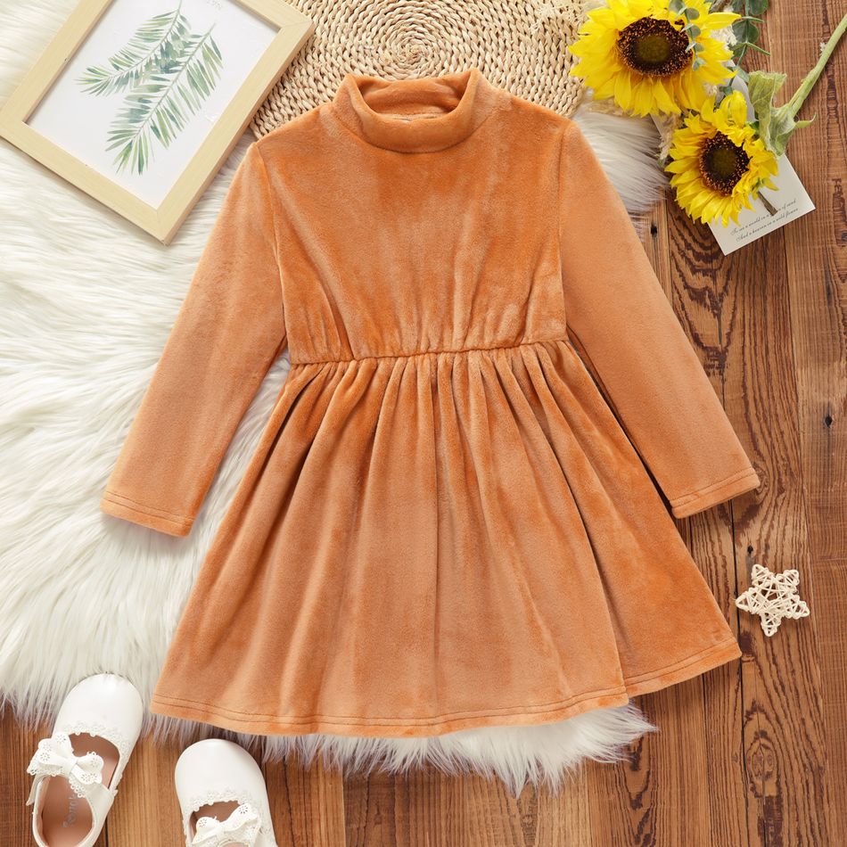 Toddler Girl Solid Color Mock Neck Long-sleeve Velvet Dress Brown big image 1