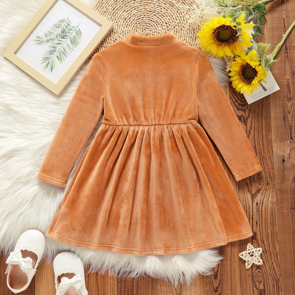 Toddler Girl Solid Color Mock Neck Long-sleeve Velvet Dress Brown big image 2
