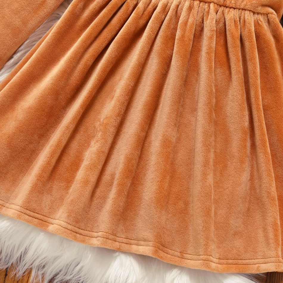 Toddler Girl Solid Color Mock Neck Long-sleeve Velvet Dress Brown big image 3