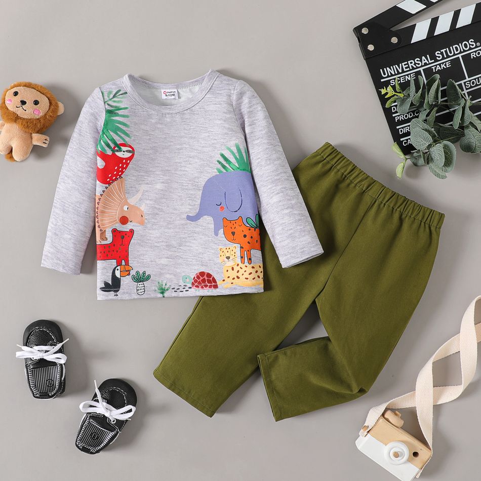 2pcs Baby Boy 100% Cotton Pants and Animal Print Long-sleeve Tee Set ColorBlock big image 1