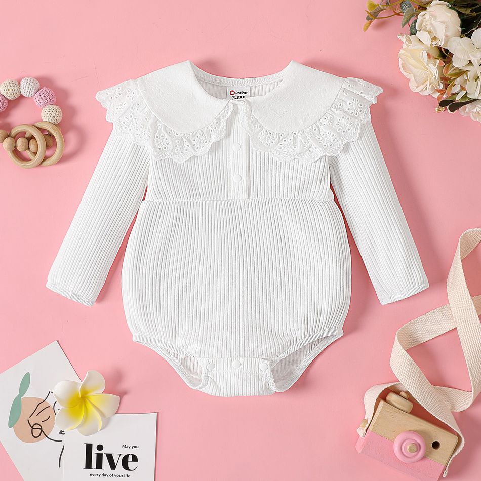 Baby Girl Cotton Rib Knit Long-sleeve Ruffle Collar Romper White