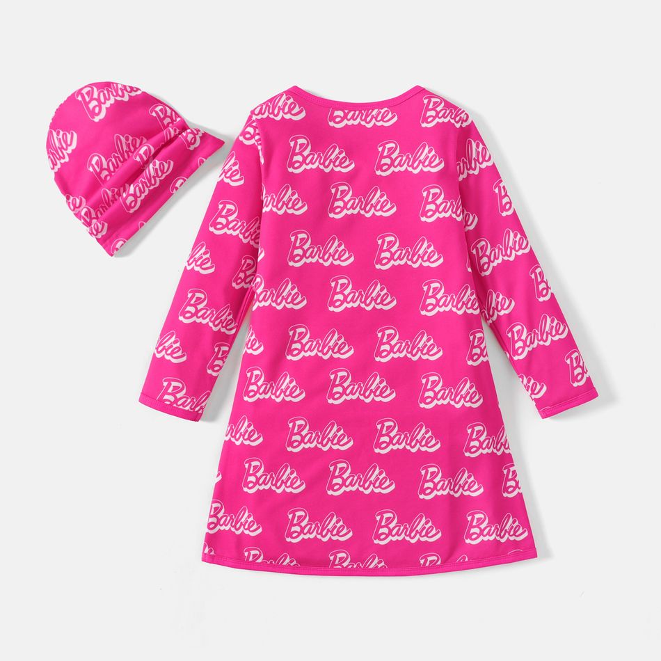 Barbie 2pcs Kid Girl Letter Allover Print Long-sleeve Dress and Cap Set Pink big image 3