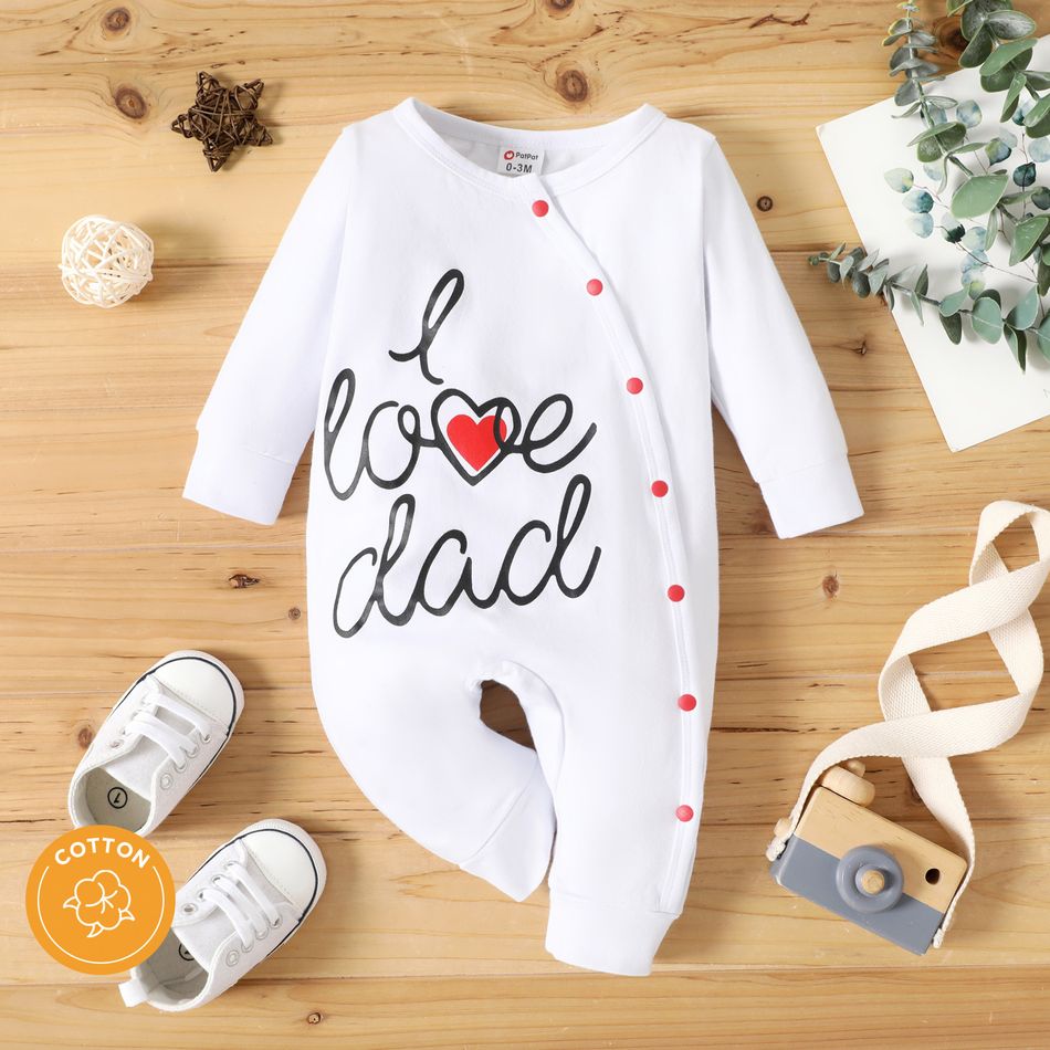 Baby Boy/Girl 95% Cotton Long-sleeve Love Heart & Letter Print Snap Jumpsuit White big image 2