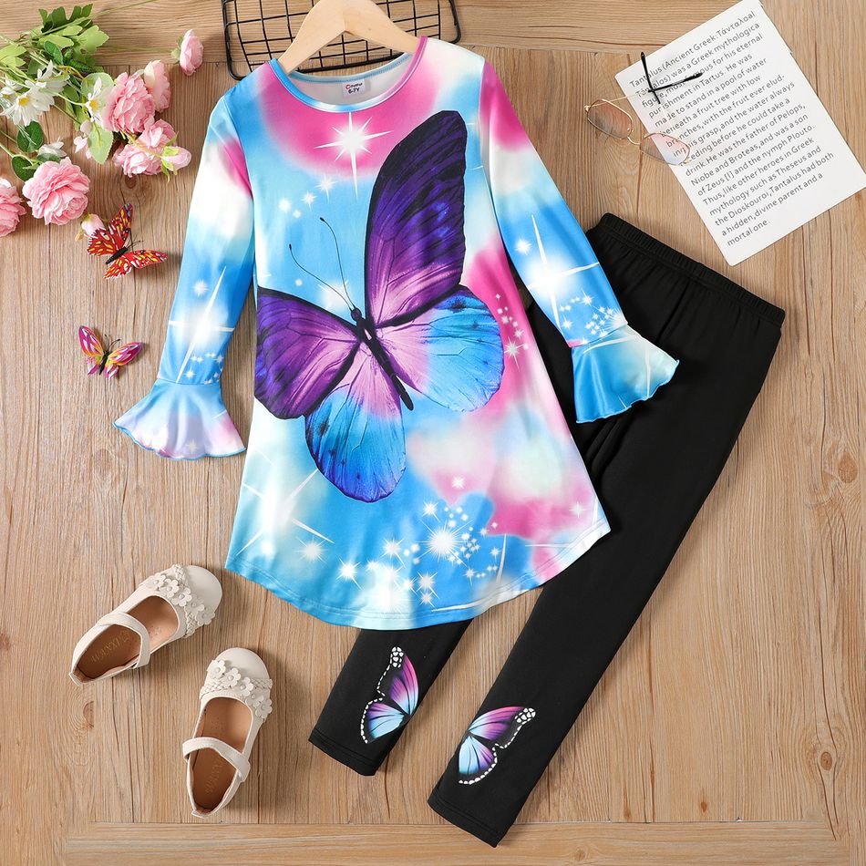 Pretty 2pcs Kid Girl Gradient Butterfly Print Long-sleeve Tee and Leggings Set MultiColour big image 1