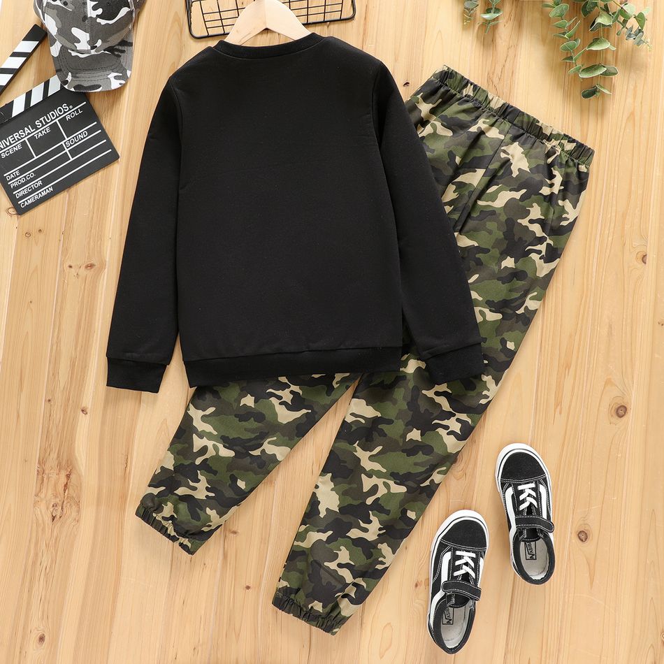 2pcs Kid Boy Letter Print Black Pullover Sweatshirt and Camouflage Print Pants Set Black big image 2