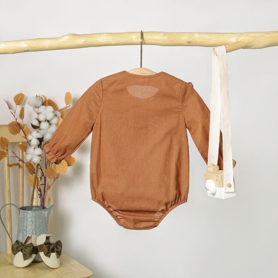 100% Cotton Baby Girl Solid Ruffle Collar Long-sleeve Romper Dark Brown big image 2