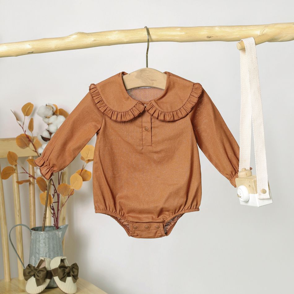 100% Cotton Baby Girl Solid Ruffle Collar Long-sleeve Romper Dark Brown big image 1