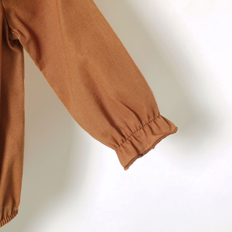 100% Cotton Baby Girl Solid Ruffle Collar Long-sleeve Romper Dark Brown big image 4