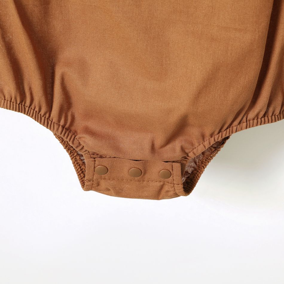 100% Cotton Baby Girl Solid Ruffle Collar Long-sleeve Romper Dark Brown big image 5