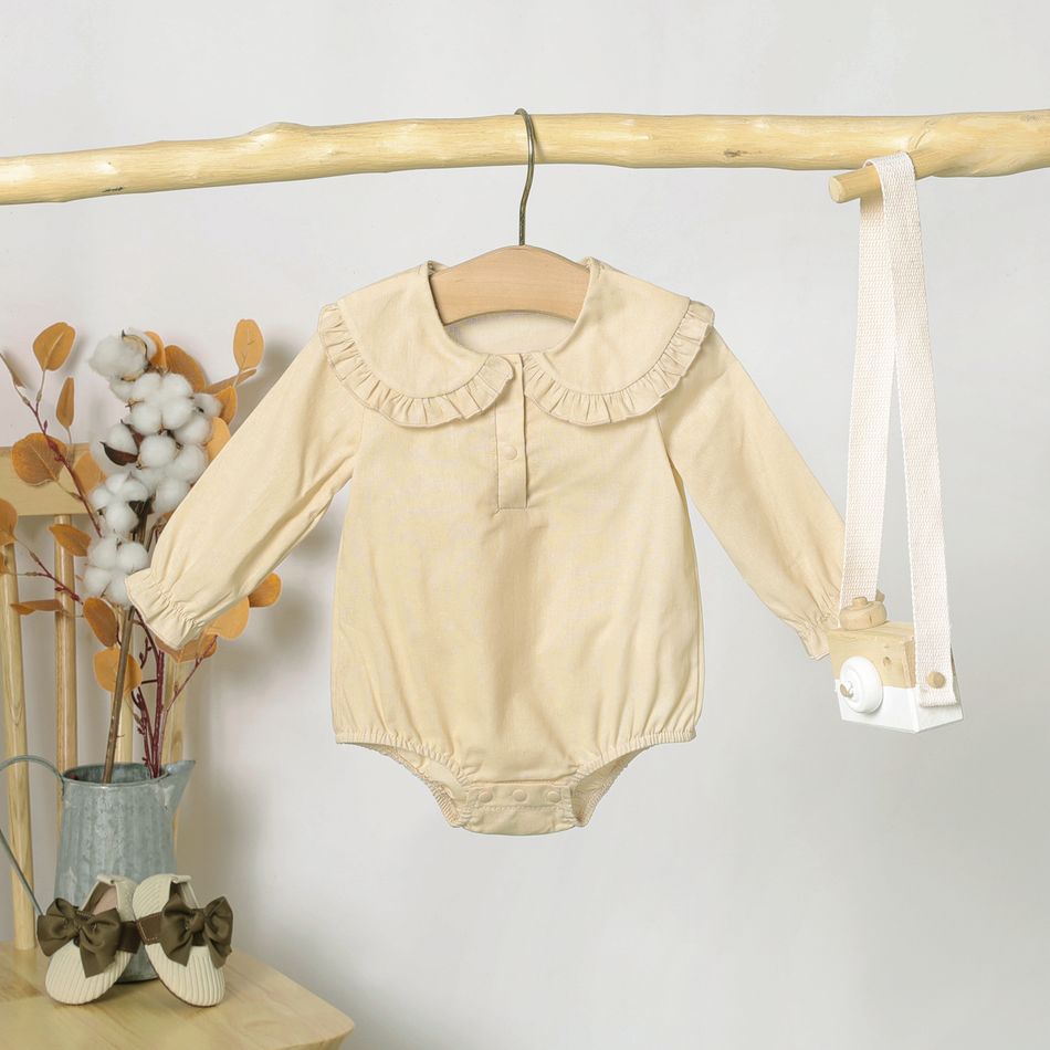 100% Cotton Baby Girl Solid Ruffle Collar Long-sleeve Romper Pale Yellow