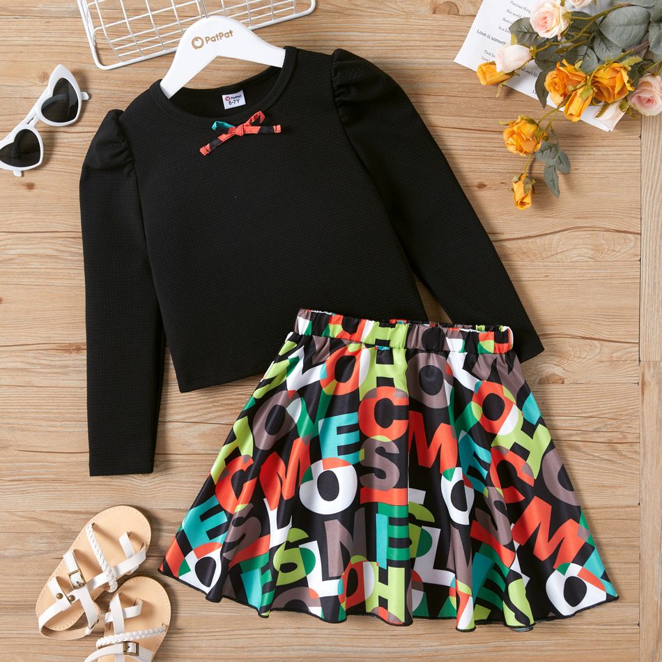 2pcs Kid Girl Bowknot Design Long-sleeve Black Tee and Letter Print Skirt Set Black big image 1