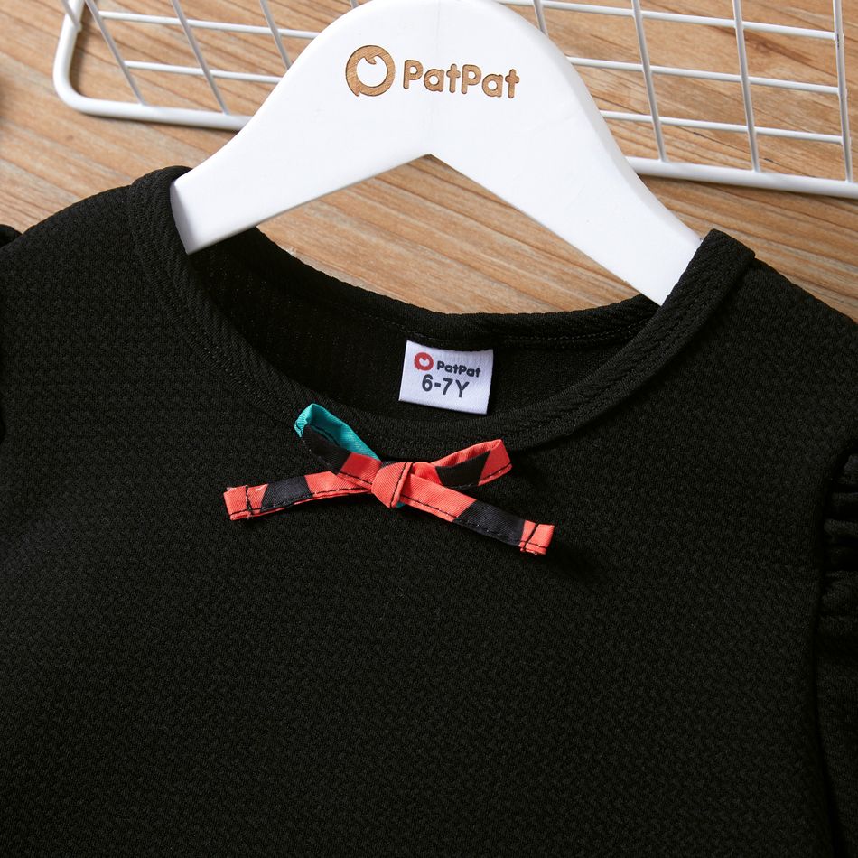 2pcs Kid Girl Bowknot Design Long-sleeve Black Tee and Letter Print Skirt Set Black big image 2