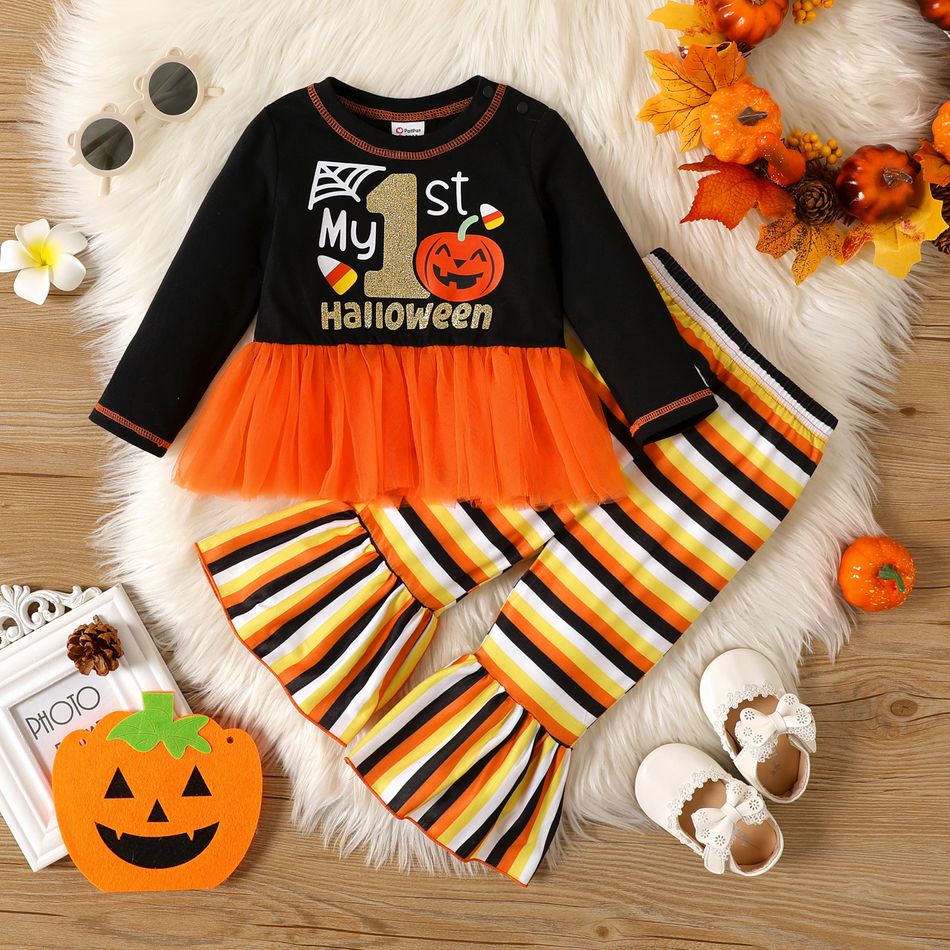 Halloween 2pcs Baby Girl Long-sleeve Mesh Hem Graphic Top and Striped Flared Pants Set ColorBlock