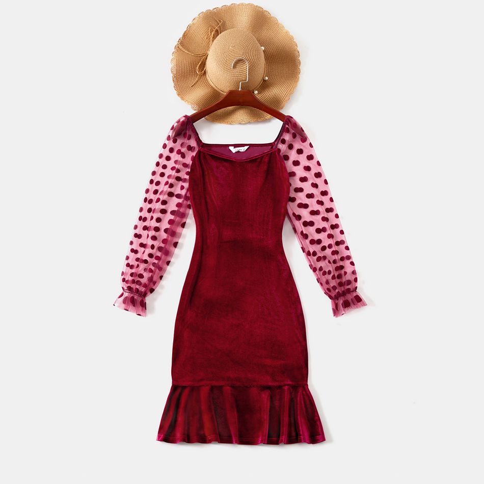 Family Matching Polka Dots Mesh Long-sleeve Spliced Velvet Ruffle Hem Bodycon Dresses and Plaid Shirts Sets WineRed big image 2