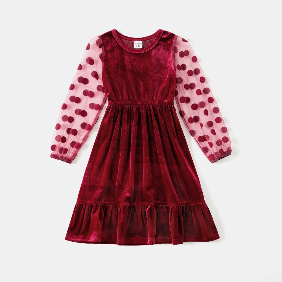Family Matching Polka Dots Mesh Long-sleeve Spliced Velvet Ruffle Hem Bodycon Dresses and Plaid Shirts Sets WineRed big image 5