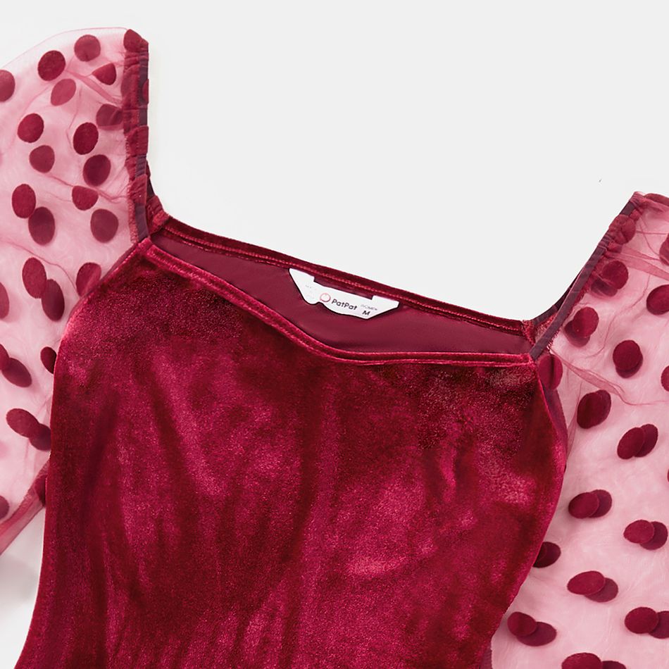Family Matching Polka Dots Mesh Long-sleeve Spliced Velvet Ruffle Hem Bodycon Dresses and Plaid Shirts Sets WineRed big image 3