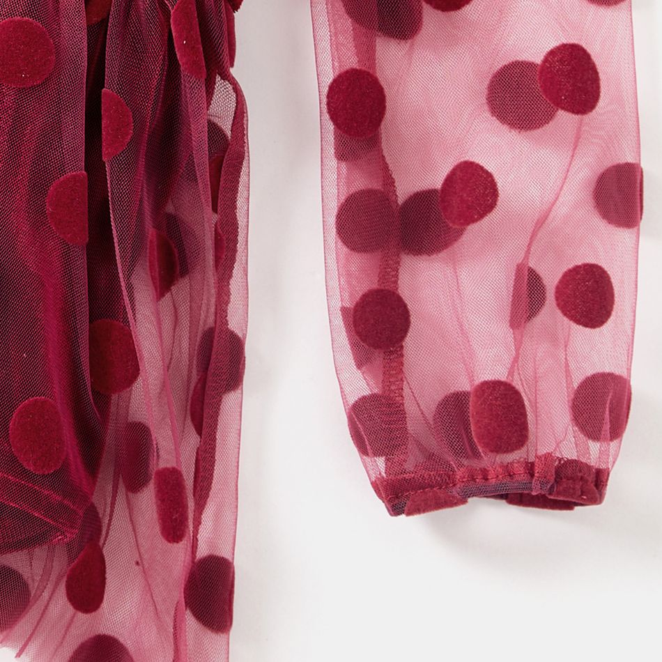 Family Matching Polka Dots Mesh Long-sleeve Spliced Velvet Ruffle Hem Bodycon Dresses and Plaid Shirts Sets WineRed big image 8