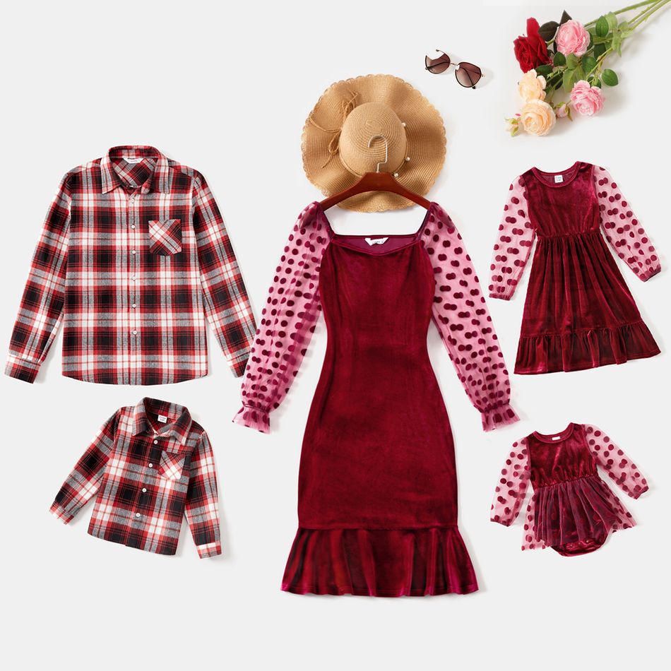 Family Matching Polka Dots Mesh Long-sleeve Spliced Velvet Ruffle Hem Bodycon Dresses and Plaid Shirts Sets WineRed