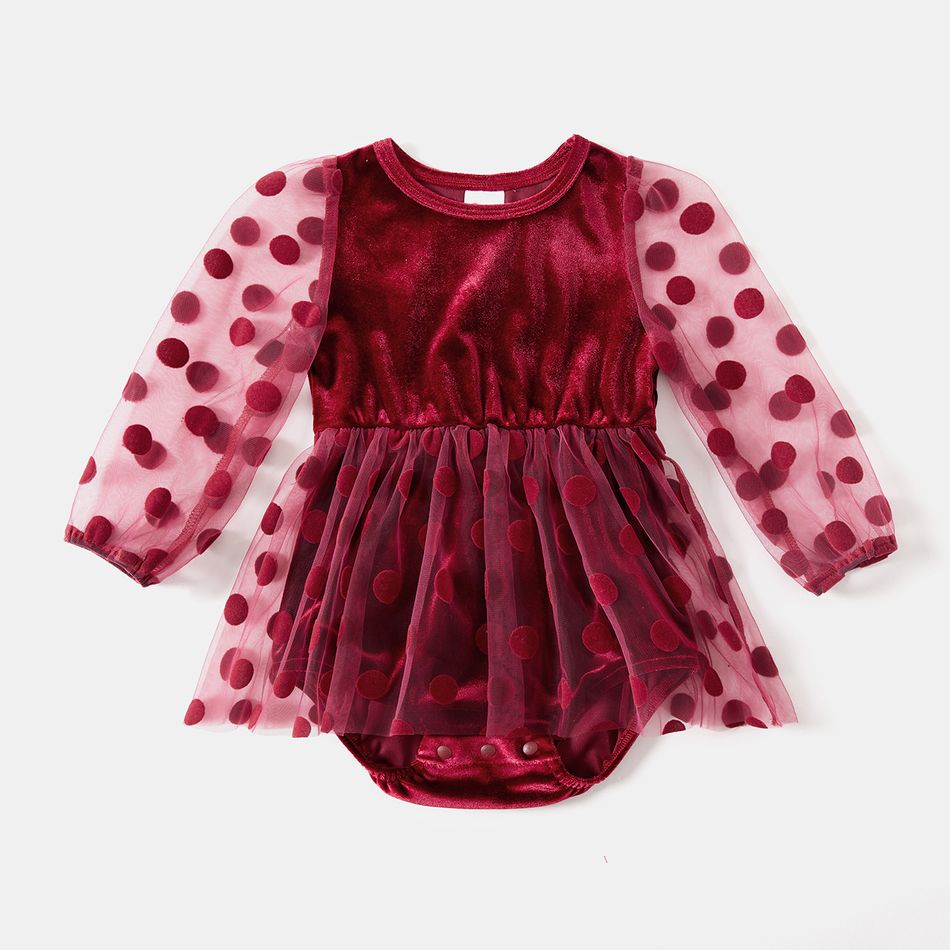 Family Matching Polka Dots Mesh Long-sleeve Spliced Velvet Ruffle Hem Bodycon Dresses and Plaid Shirts Sets WineRed big image 7