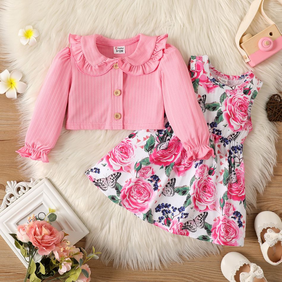 2pcs Baby Girl Allover Floral Print Tank Dress and Solid Rib Knit Ruffle Collar Long-sleeve Button Front Cardigan Set Pink