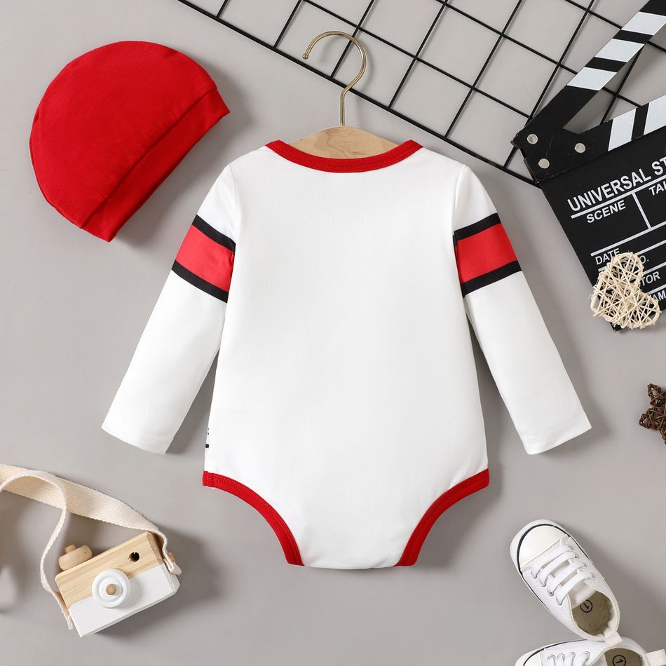 2pcs Baby Boy Number & Letter Print Colorblock Long-sleeve Romper with Hat Set White big image 2