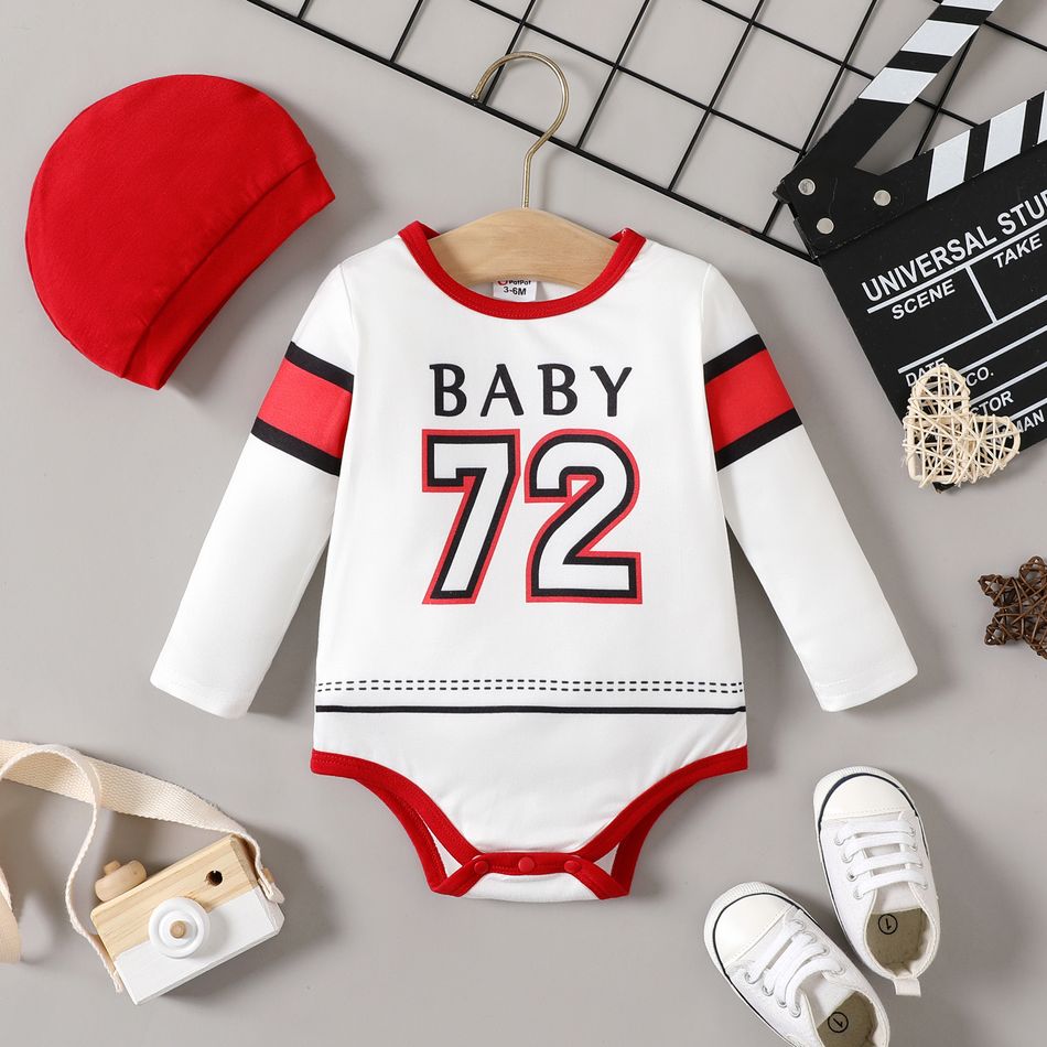 2pcs Baby Boy Number & Letter Print Colorblock Long-sleeve Romper with Hat Set White big image 1