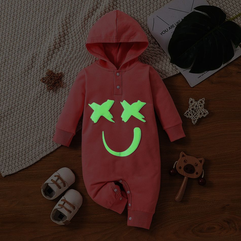 100% Cotton Baby Boy/Girl Glow In The Dark Print Hooded Long-sleeve Jumpsuit Pink big image 3