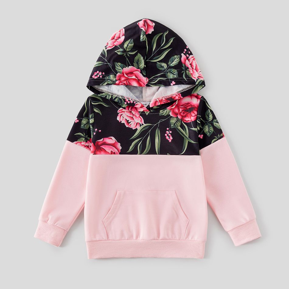 Floral Print Spliced Pink Long-sleeve Drawstring Hoodies for Mom and Me Pink big image 6