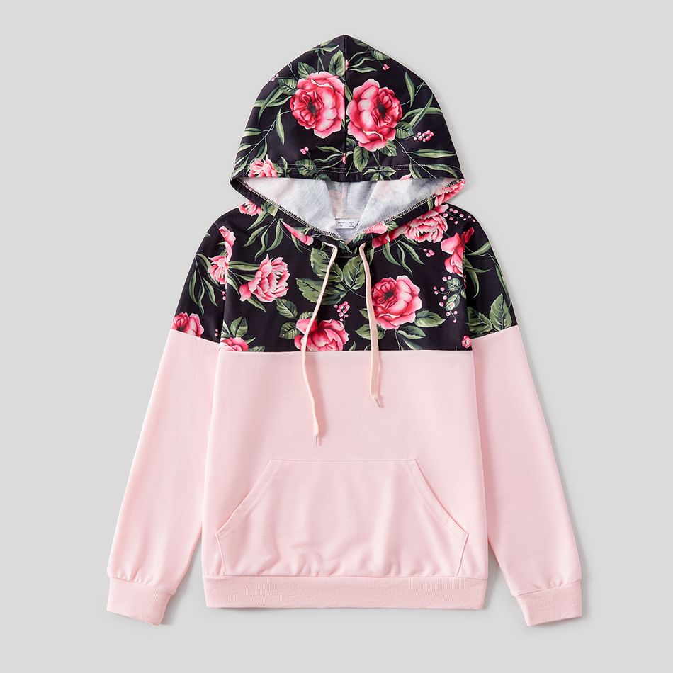 Floral Print Spliced Pink Long-sleeve Drawstring Hoodies for Mom and Me Pink big image 2