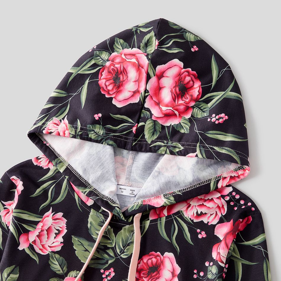 Floral Print Spliced Pink Long-sleeve Drawstring Hoodies for Mom and Me Pink big image 3