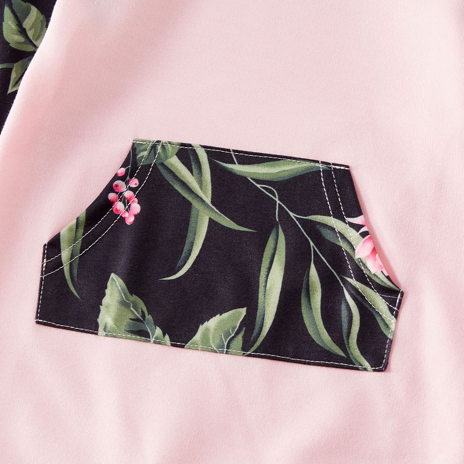 Floral Print Spliced Pink Long-sleeve Drawstring Hoodies for Mom and Me Pink big image 9