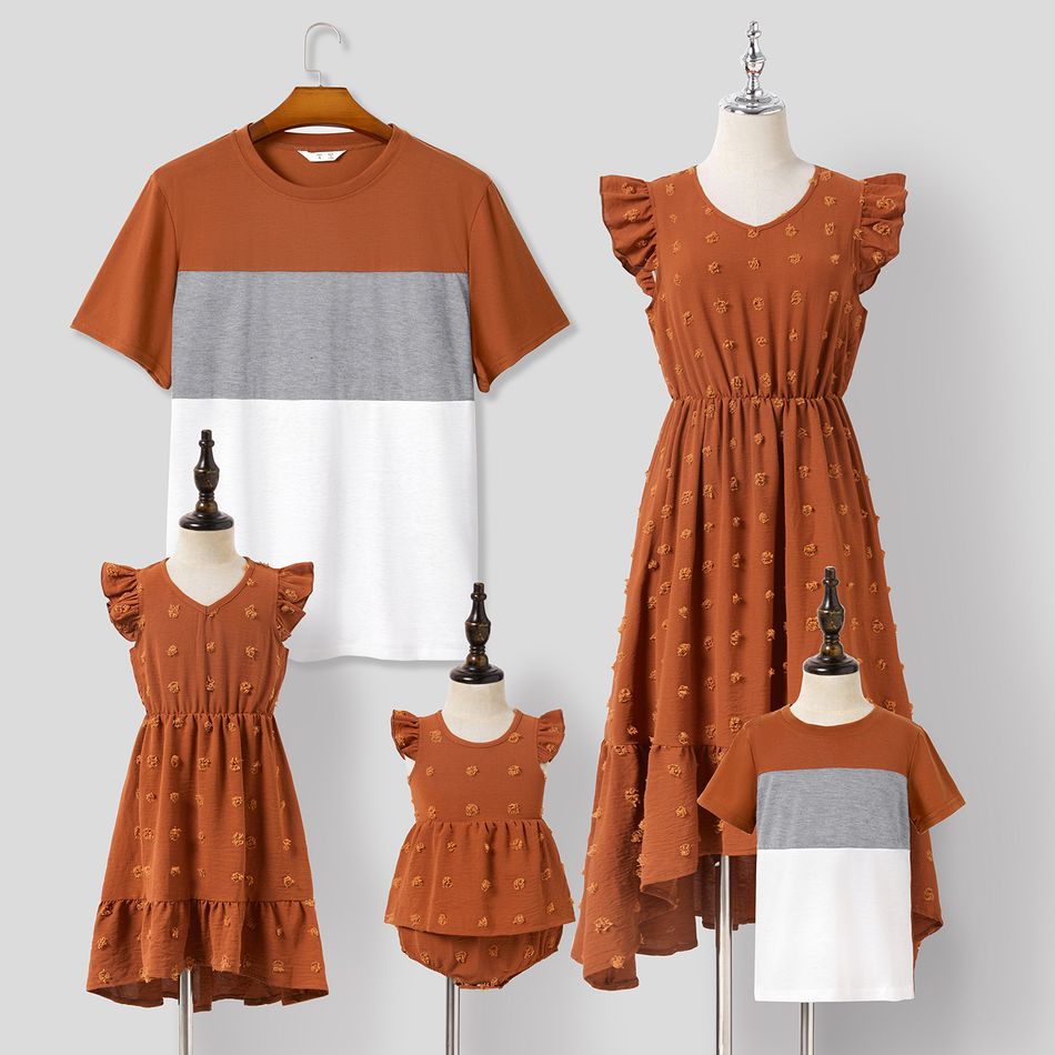 Family Matching Solid Swiss Dot Flutter-sleeve Asymmetric Ruffle Hem Dresses and Short-sleeve Colorblock T-shirts Sets Dullorange