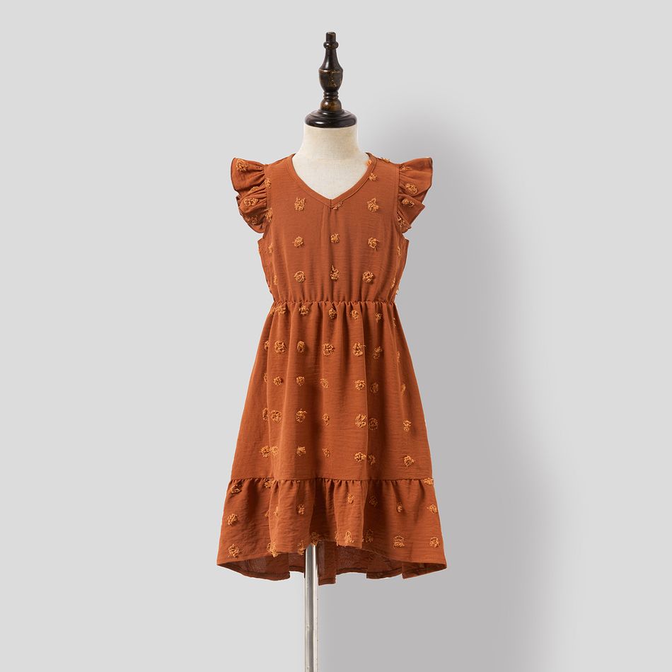 Family Matching Solid Swiss Dot Flutter-sleeve Asymmetric Ruffle Hem Dresses and Short-sleeve Colorblock T-shirts Sets Dullorange big image 19