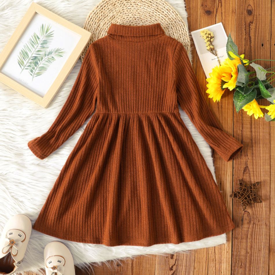 Toddler Girl Turtleneck Solid Color Ribbed Long-sleeve Dress Brown big image 2