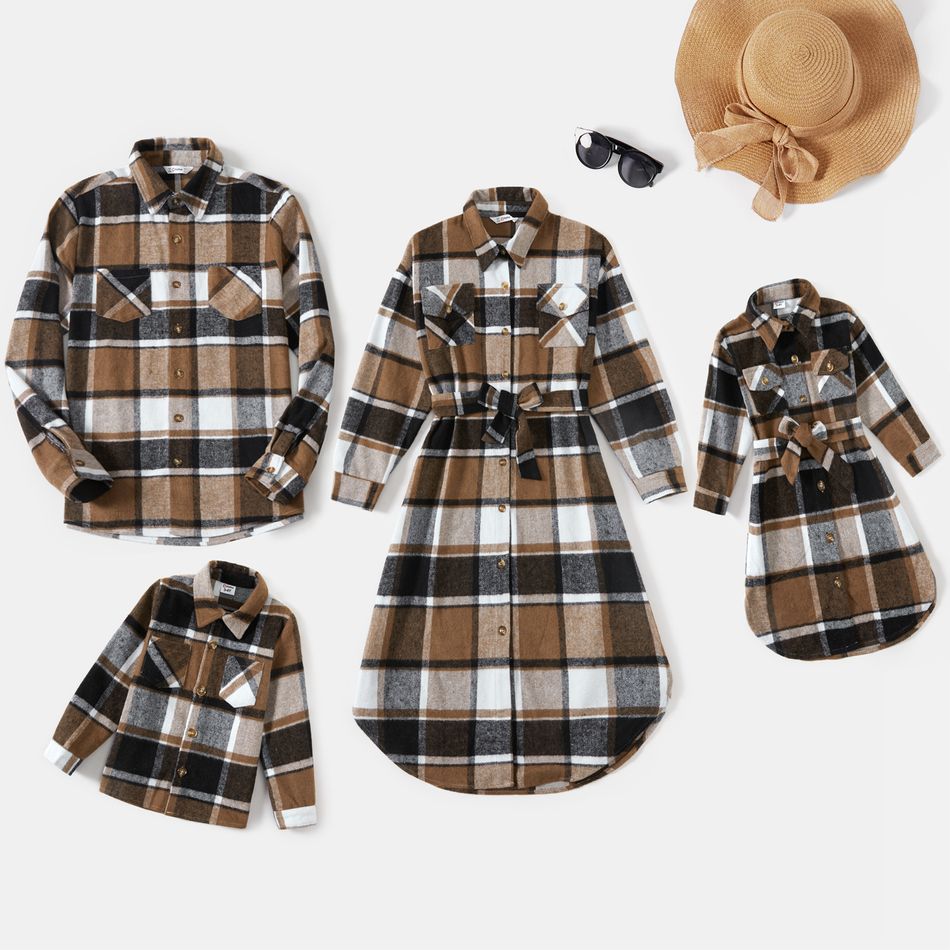 Family Matching Long-sleeve Button Up Coffee Plaid Shirts and Dresses Sets Coffee