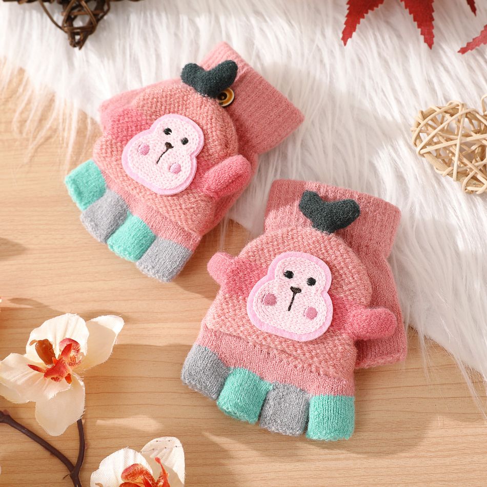 1-pair Kids Cute Cartoon Warm Convertible Mittens Flip Fingerless Mitt Pink