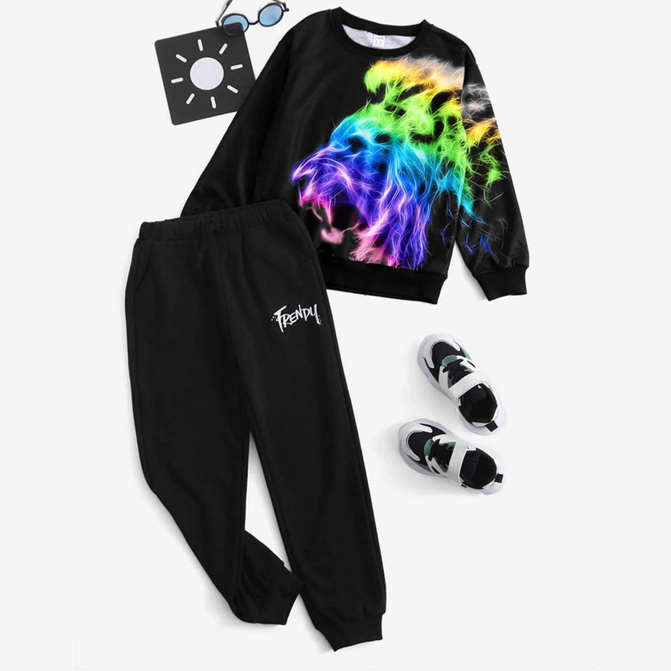 2pcs Kid Boy Animal Lion Print Pullover Sweatshirt and Letter Print Pants Set Black