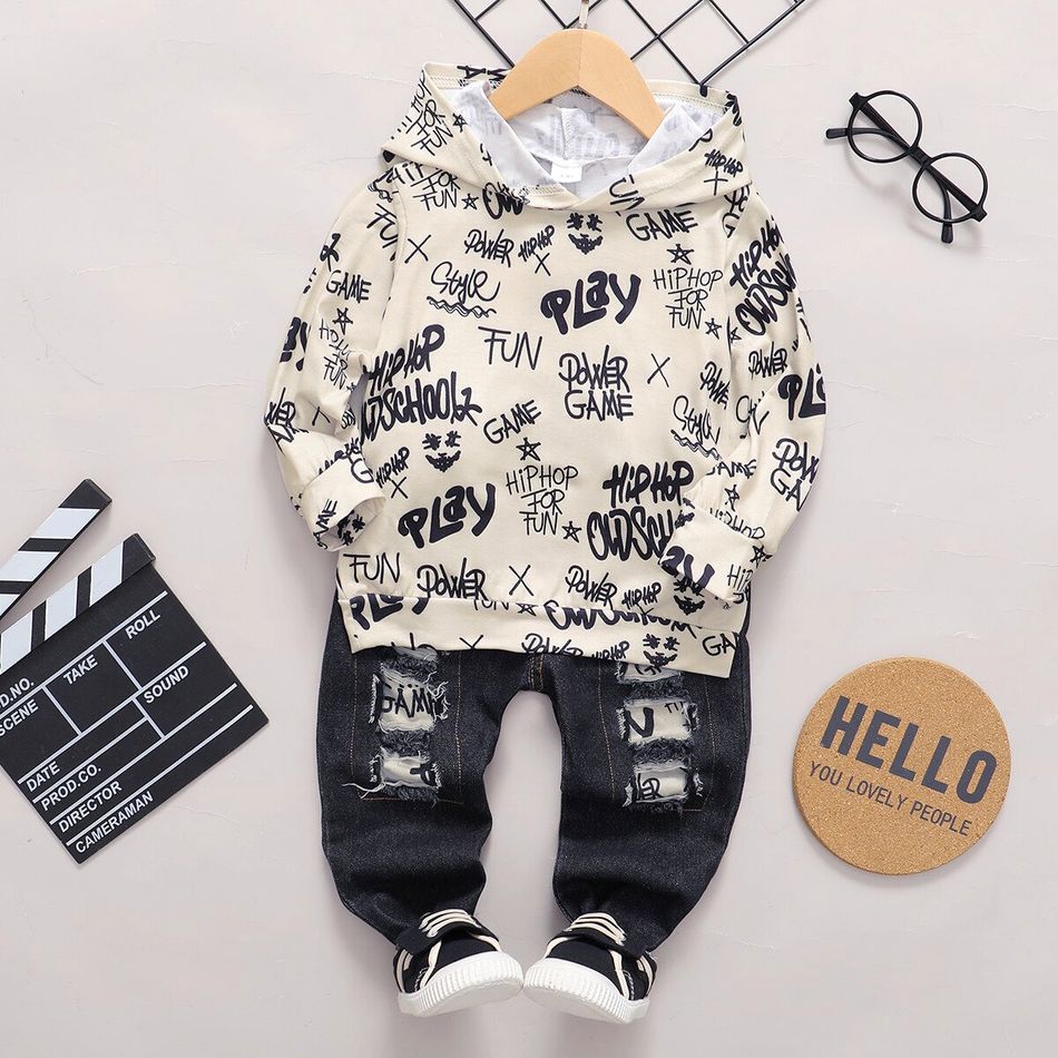 2pcs Kid Boy Letter Allover Print Hoodie Sweatshirt and Patchwork Ripped Denim Jeans Set OffWhite big image 1